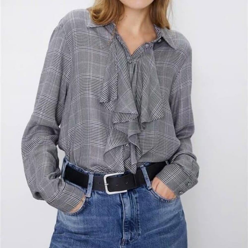Zara Plaid Ruffle Blouse Button Front Long Sleeve Size Small